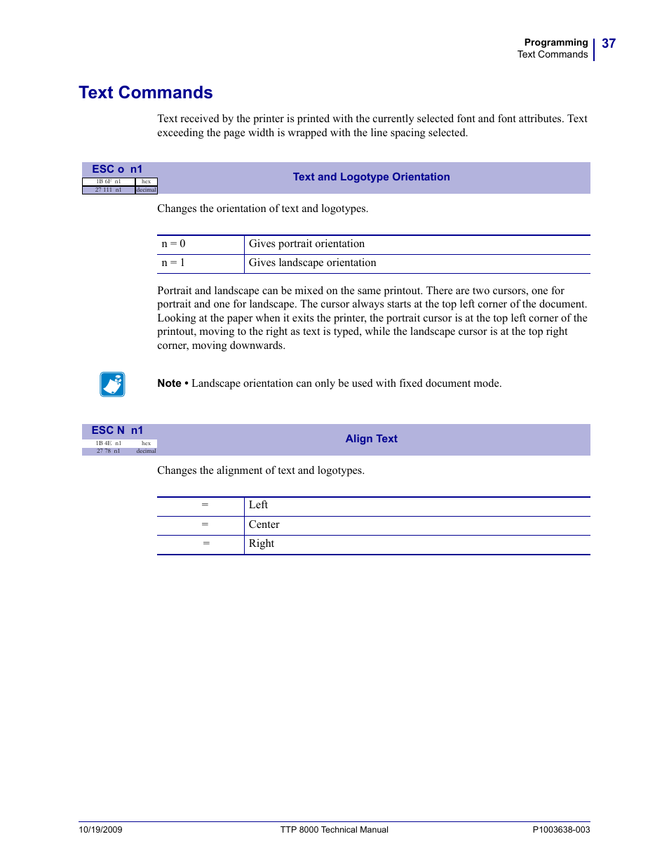 Text commands, Esc n n1, Esc o n1 | Zebra Technologies TTP 8000 User Manual | Page 37 / 132