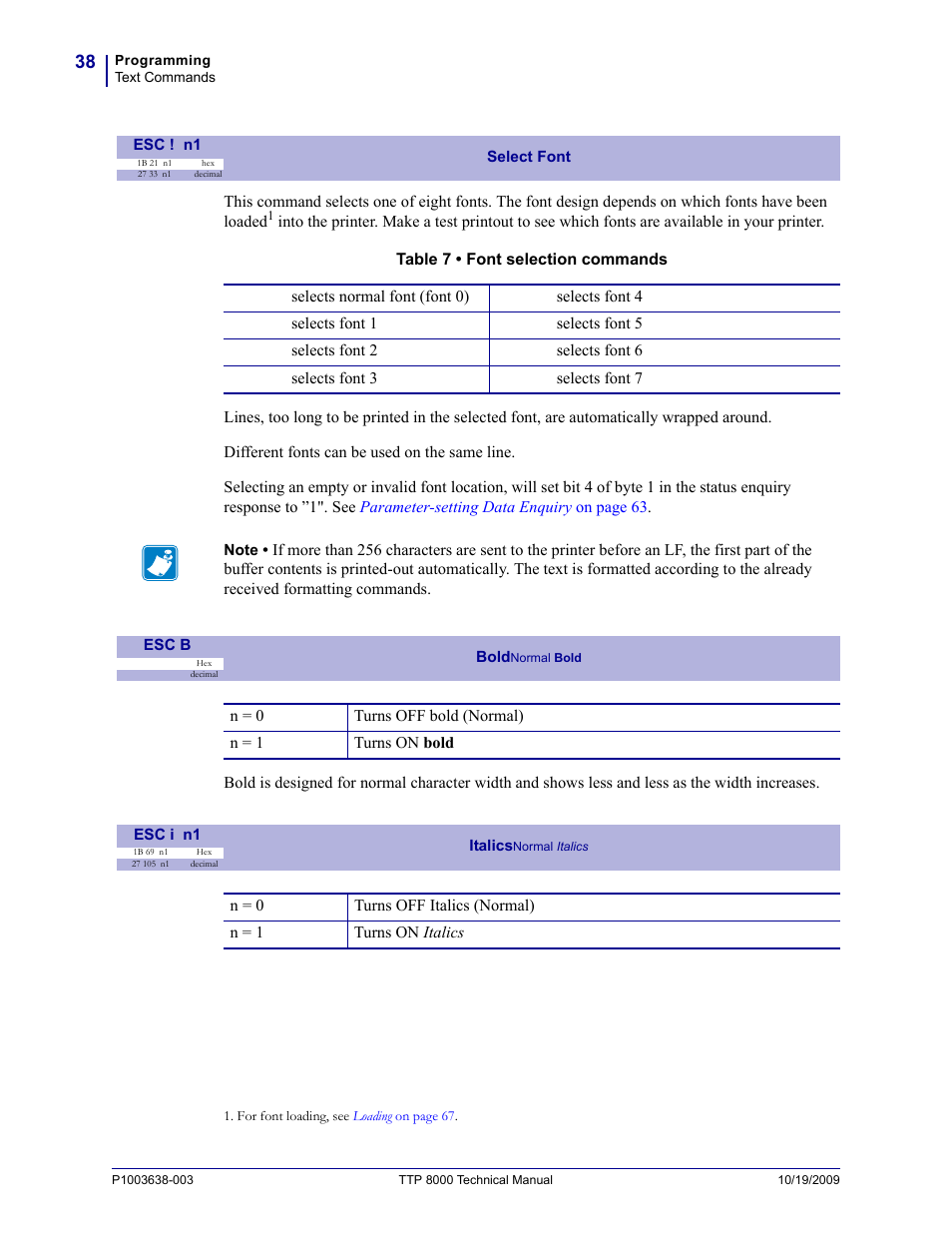 Esc ! n1, Esc b, Esc i n1 | Zebra Technologies TTP 8000 User Manual | Page 38 / 132