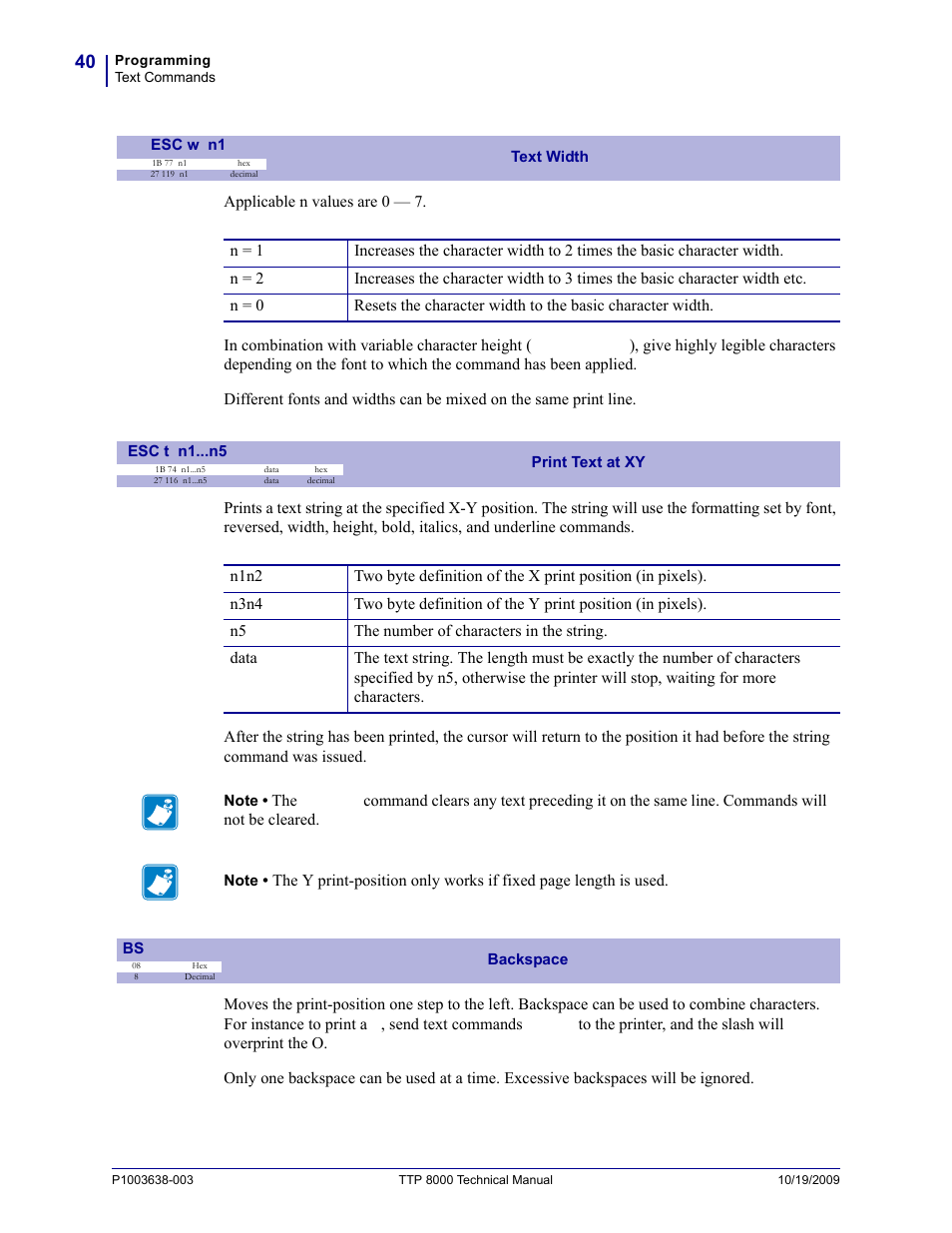 Esc t n1...n5, Esc w n1 | Zebra Technologies TTP 8000 User Manual | Page 40 / 132