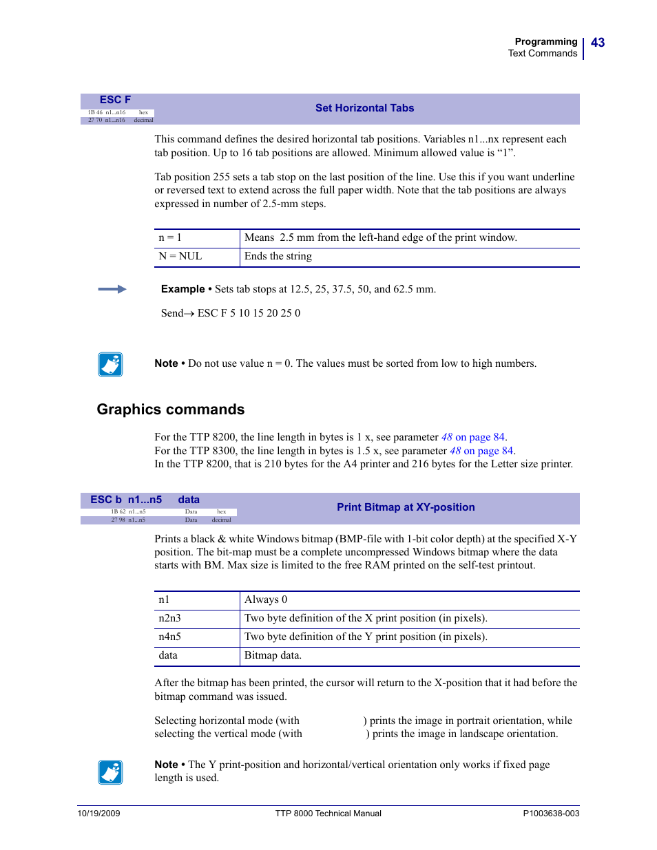 Graphics commands, Esc b n1...n5, Esc f | Zebra Technologies TTP 8000 User Manual | Page 43 / 132