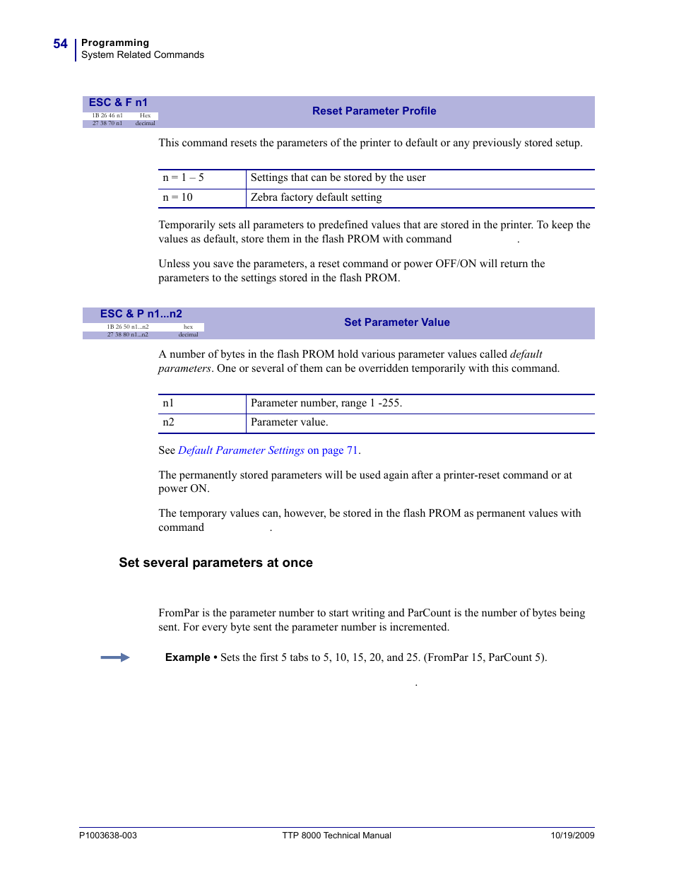 Esc & f n1, Esc & p n1...n2, Set several parameters at once | Zebra Technologies TTP 8000 User Manual | Page 54 / 132