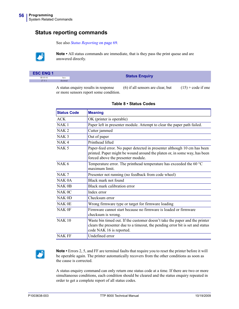 Status reporting commands, Esc enq 1 | Zebra Technologies TTP 8000 User Manual | Page 56 / 132