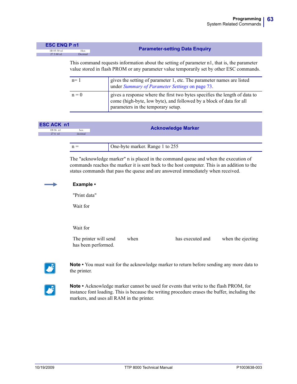 Esc ack n1, Esc enq p n1 | Zebra Technologies TTP 8000 User Manual | Page 63 / 132