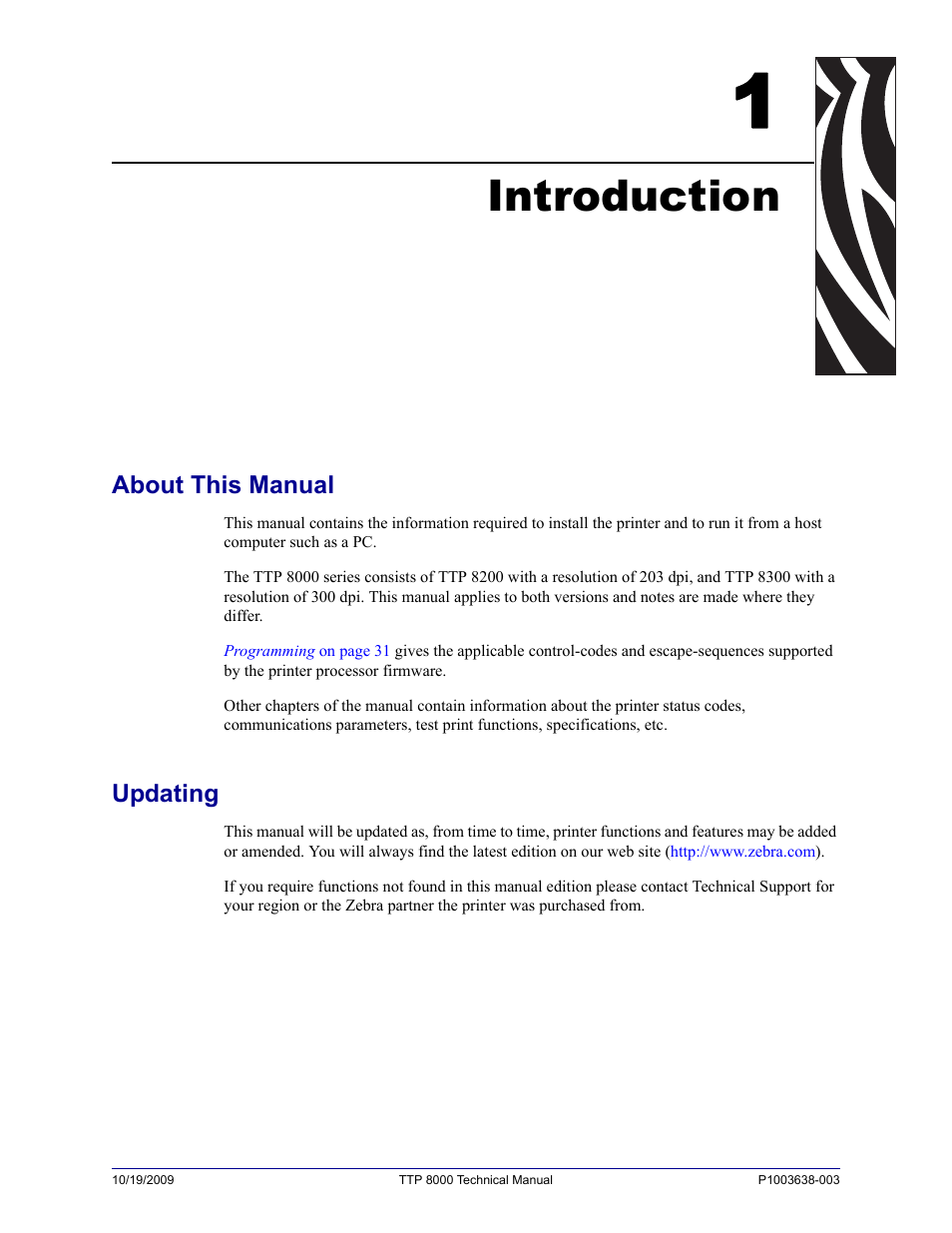 Introduction, About this manual, Updating | 1 • introduction, About this manual updating | Zebra Technologies TTP 8000 User Manual | Page 7 / 132