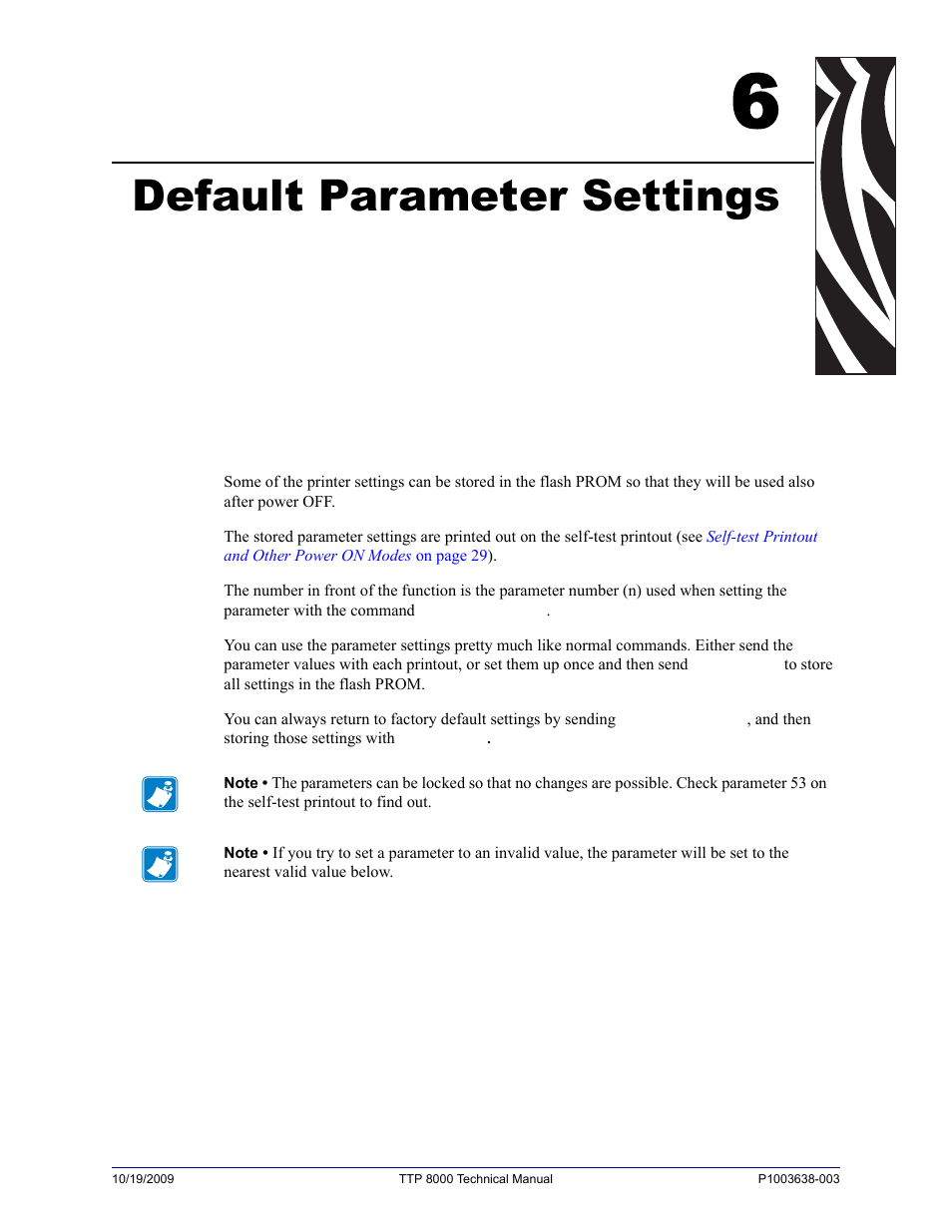 Default parameter settings, 6 • default parameter settings | Zebra Technologies TTP 8000 User Manual | Page 71 / 132