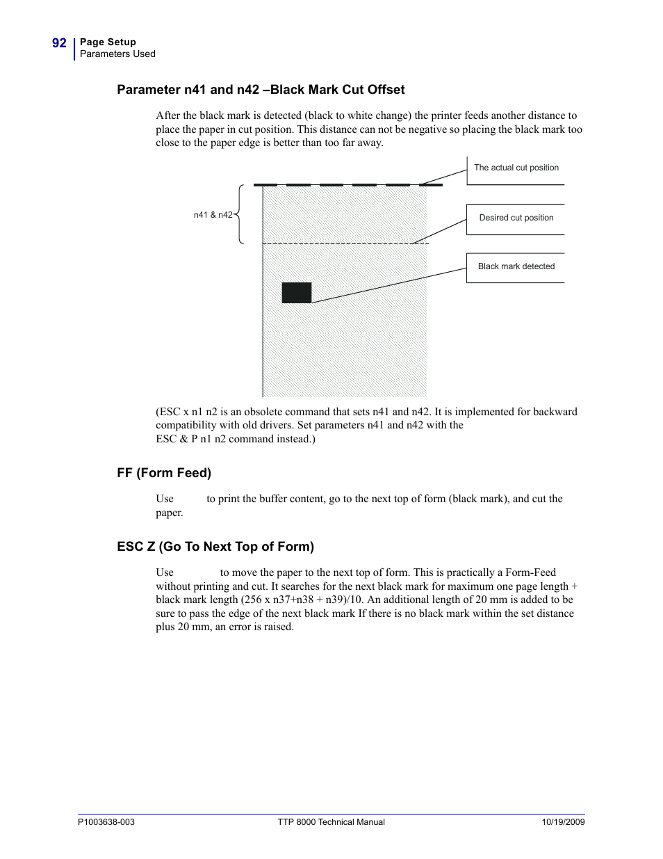 Parameter n41 and n42 –black mark cut offset, Ff (form feed), Esc z (go to next top of form) | Zebra Technologies TTP 8000 User Manual | Page 92 / 132