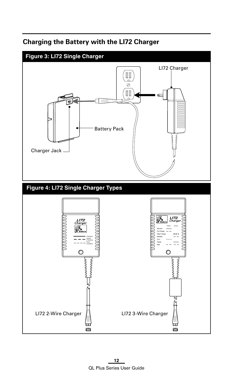 Charging the battery with the li72 charger, 12 ql plus series user guide | Zebra Technologies ZEBRA QL UMAN-QLP-001 User Manual | Page 12 / 86