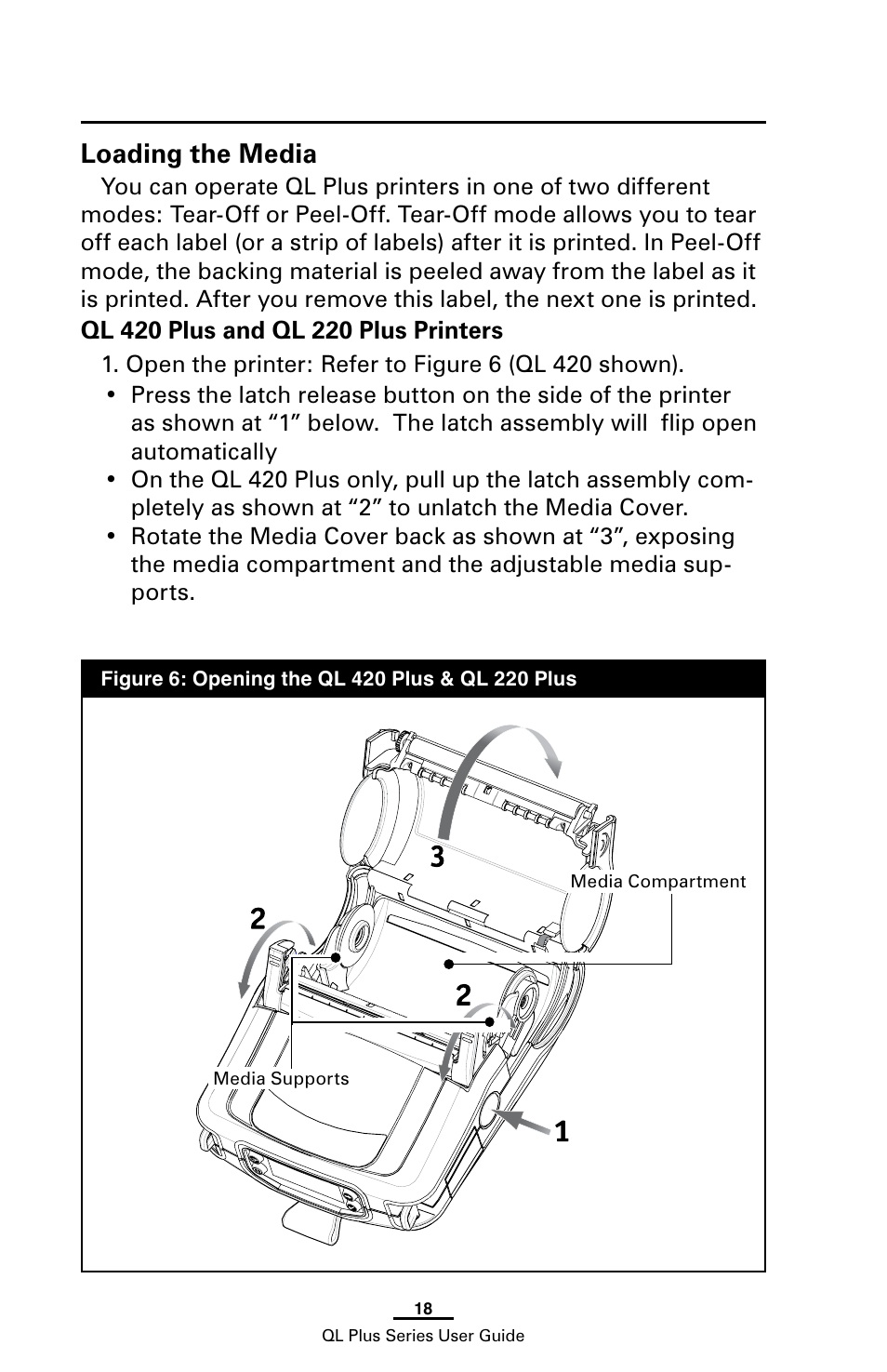 Loading the media, Ql 420 plus and ql 220 plus printers | Zebra Technologies ZEBRA QL UMAN-QLP-001 User Manual | Page 18 / 86