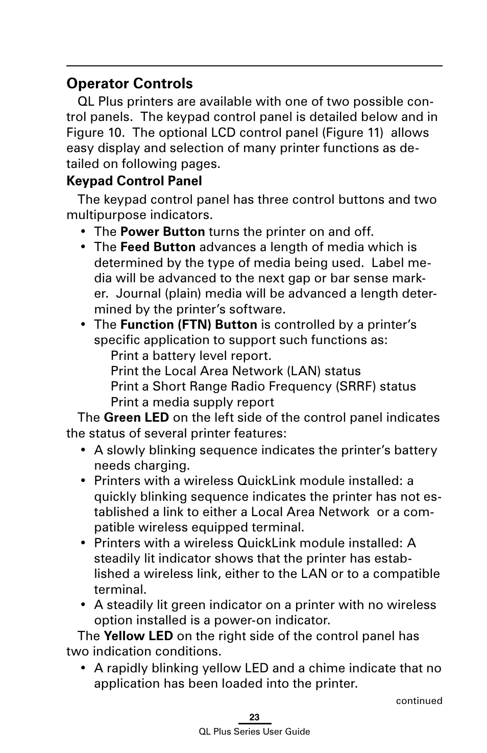 Operator controls, Keypad control panel | Zebra Technologies ZEBRA QL UMAN-QLP-001 User Manual | Page 23 / 86