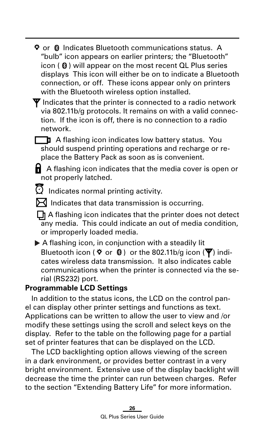 Programmable lcd settings | Zebra Technologies ZEBRA QL UMAN-QLP-001 User Manual | Page 26 / 86