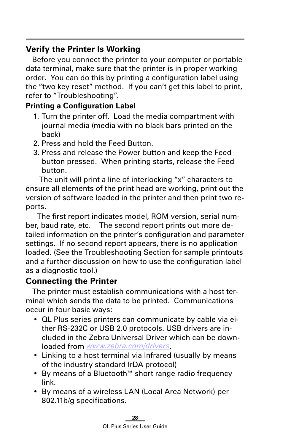 Verify the printer is working, Printing a configuration label, Connecting the printer | Zebra Technologies ZEBRA QL UMAN-QLP-001 User Manual | Page 28 / 86