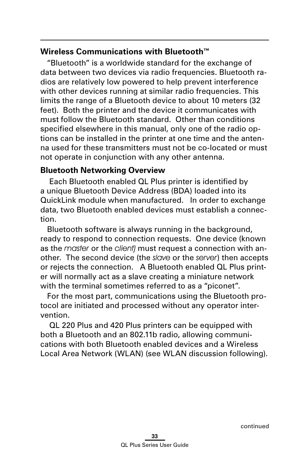 Wireless communications with bluetooth, Bluetooth networking overview | Zebra Technologies ZEBRA QL UMAN-QLP-001 User Manual | Page 33 / 86