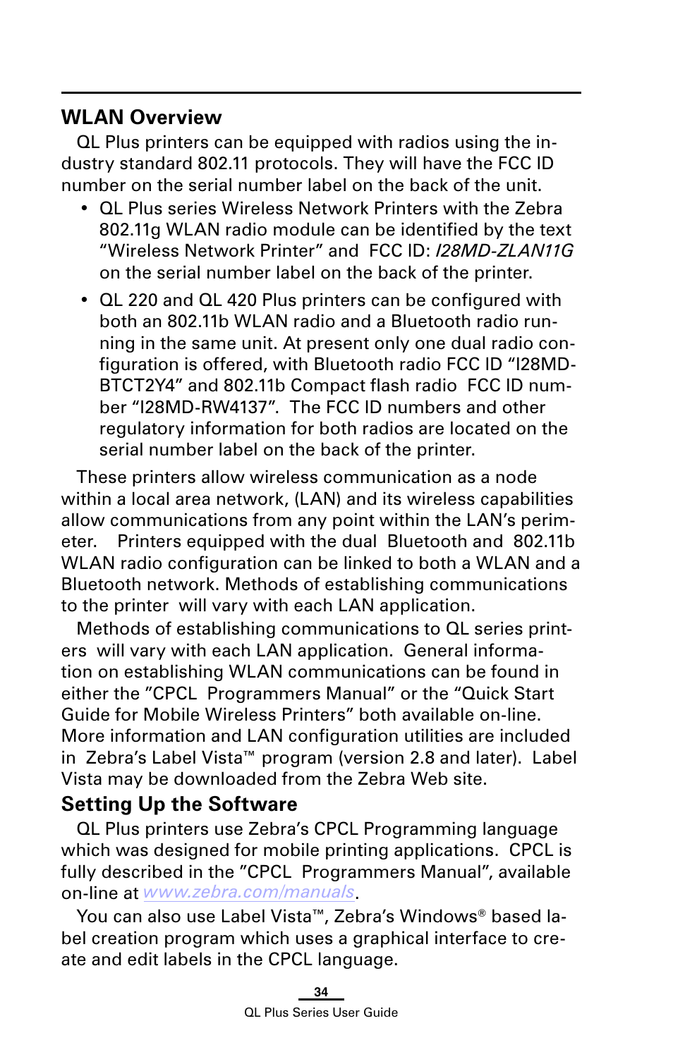Wlan overview, Setting up the software, Wlan overview setting up the software | Zebra Technologies ZEBRA QL UMAN-QLP-001 User Manual | Page 34 / 86