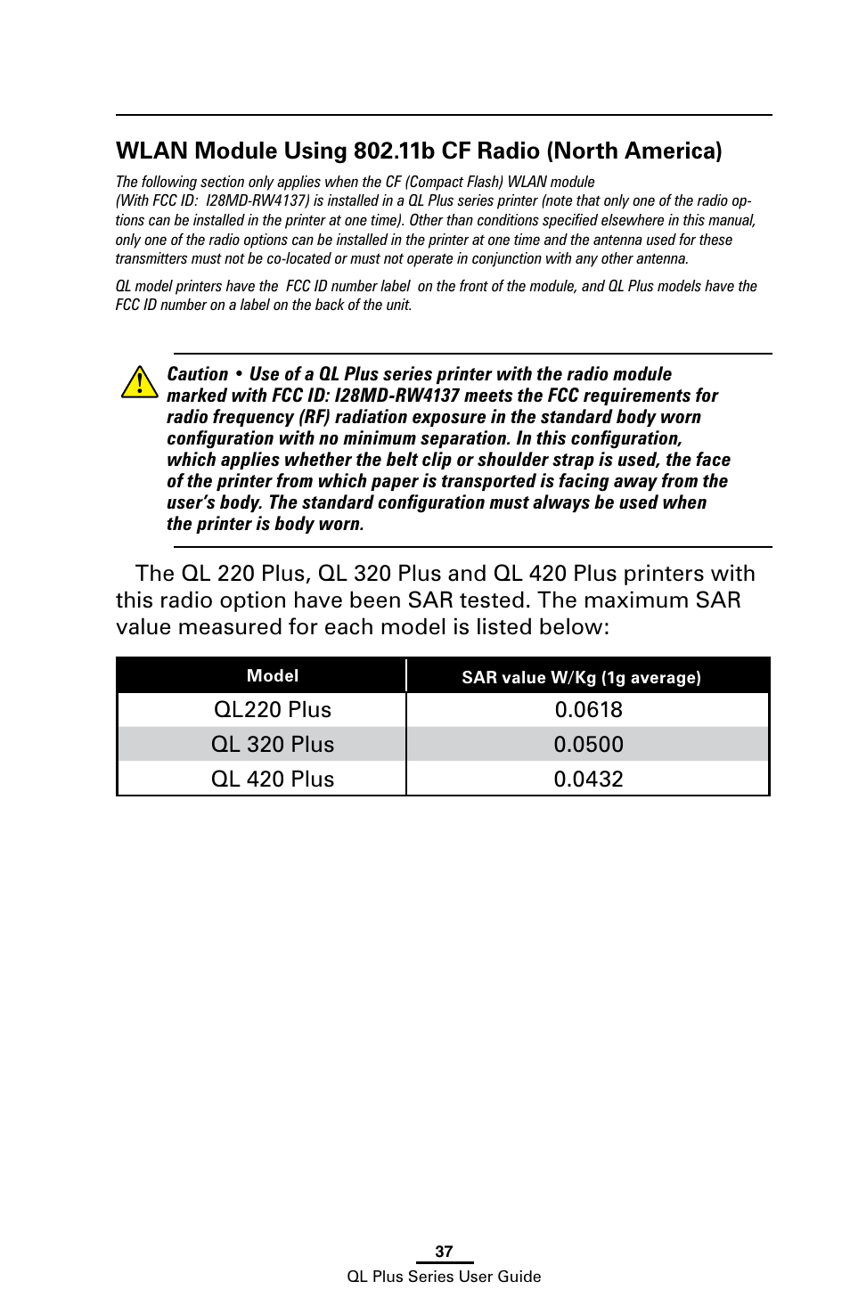 Wlan module using 802.11b cf radio (north america) | Zebra Technologies ZEBRA QL UMAN-QLP-001 User Manual | Page 37 / 86