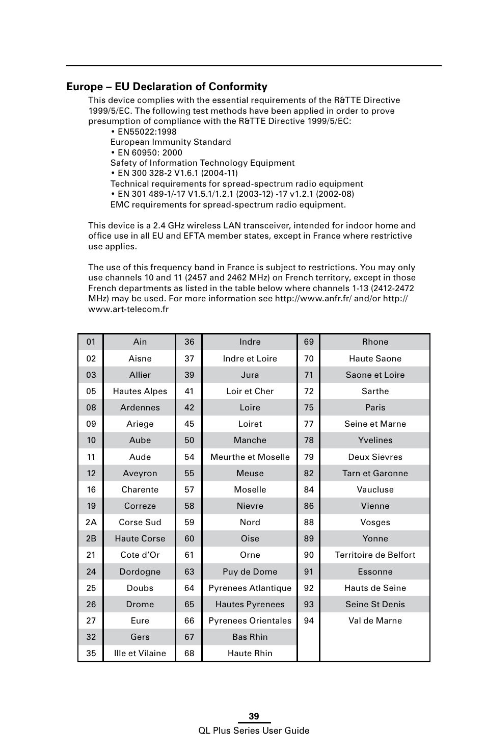 Europe – eu declaration of conformity | Zebra Technologies ZEBRA QL UMAN-QLP-001 User Manual | Page 39 / 86