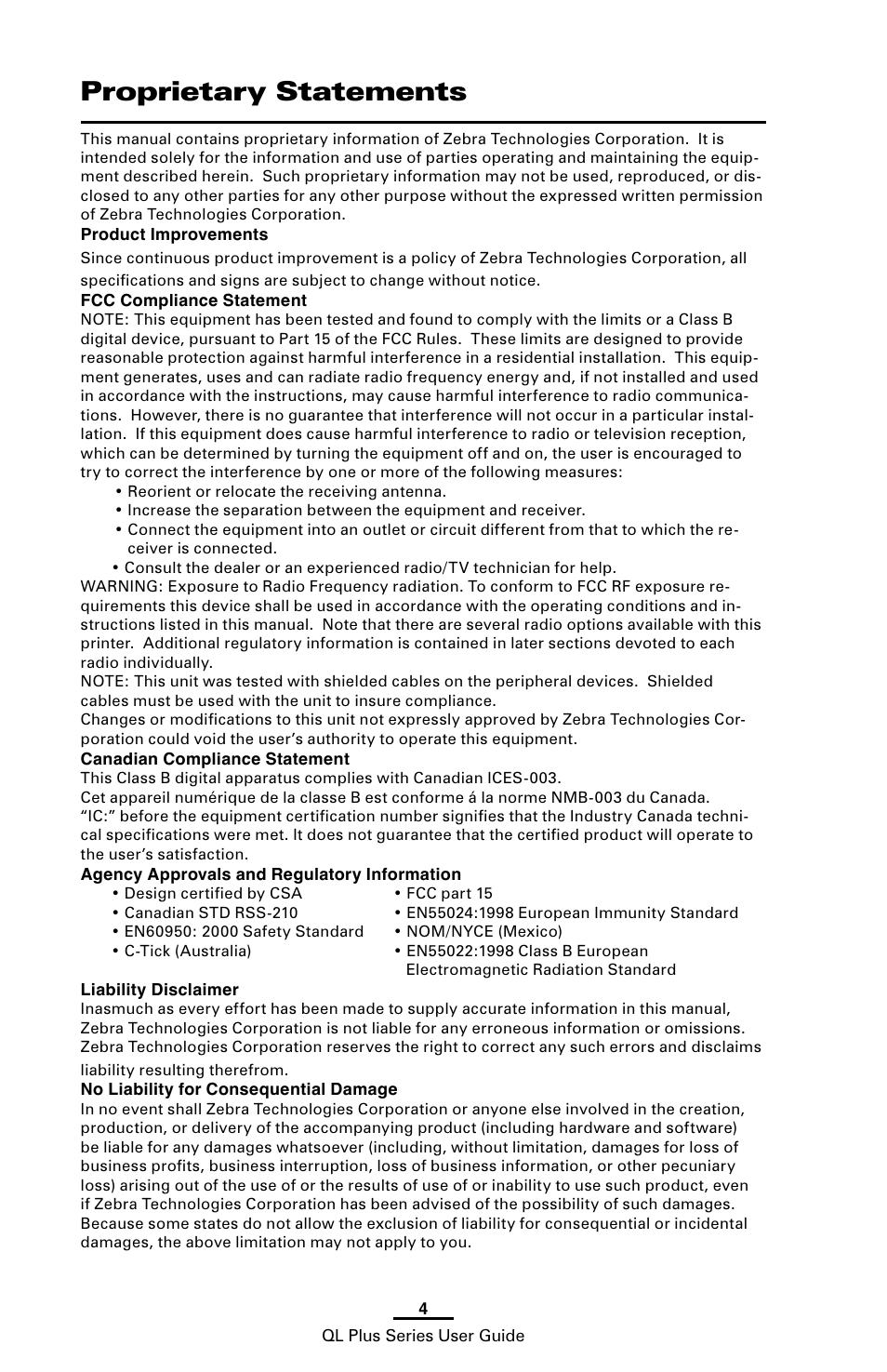 Proprietary statements | Zebra Technologies ZEBRA QL UMAN-QLP-001 User Manual | Page 4 / 86