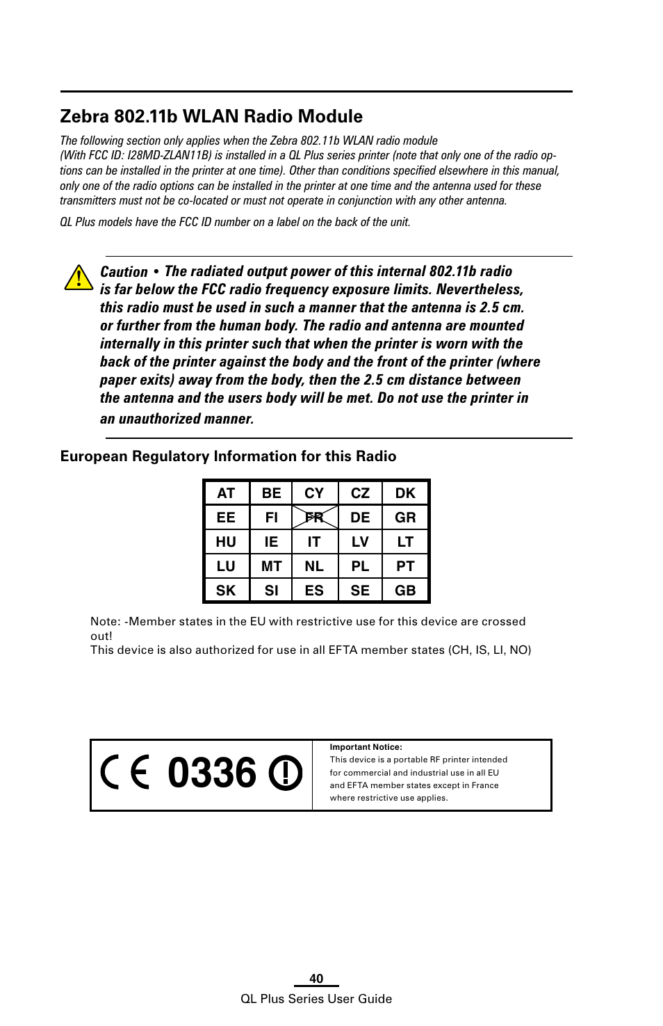 Zebra 802.11b wlan radio module | Zebra Technologies ZEBRA QL UMAN-QLP-001 User Manual | Page 40 / 86