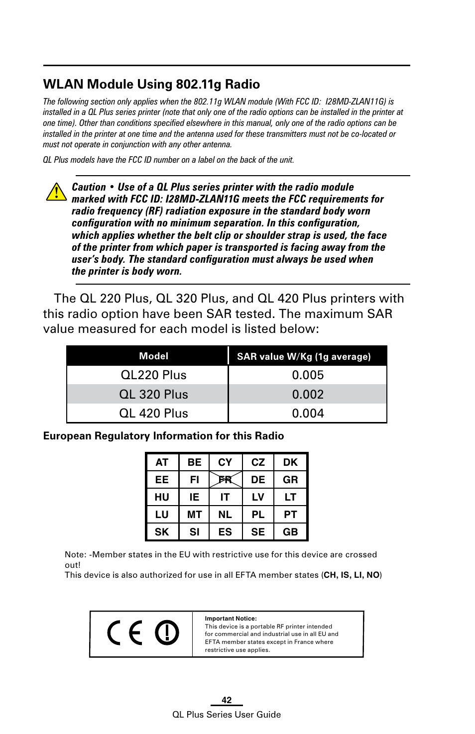 Wlan module using 802.11g radio | Zebra Technologies ZEBRA QL UMAN-QLP-001 User Manual | Page 42 / 86