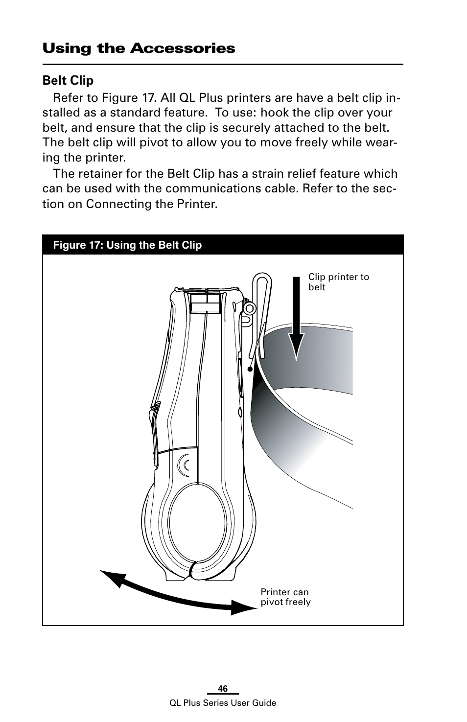 Using the accessories, Belt clip | Zebra Technologies ZEBRA QL UMAN-QLP-001 User Manual | Page 46 / 86