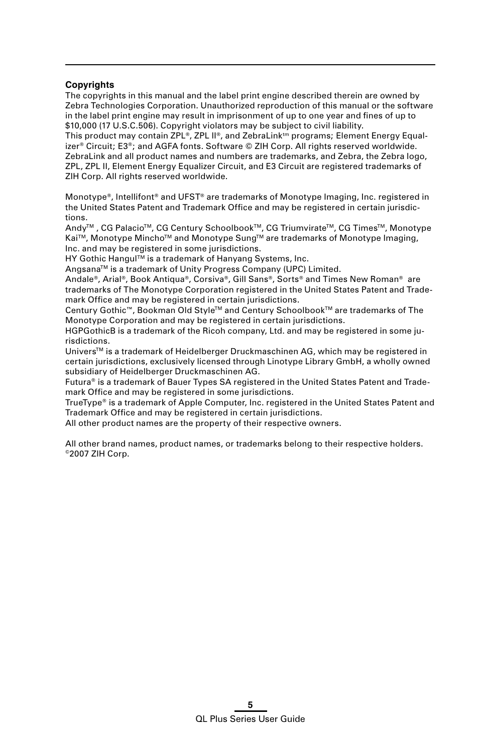 5ql plus series user guide copyrights | Zebra Technologies ZEBRA QL UMAN-QLP-001 User Manual | Page 5 / 86