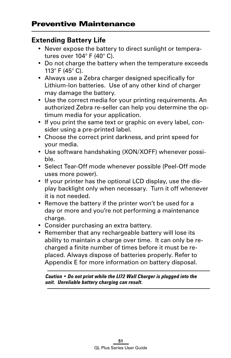 Preventive maintenance, Extending battery life, Preventive maintenance extending battery life | Zebra Technologies ZEBRA QL UMAN-QLP-001 User Manual | Page 51 / 86