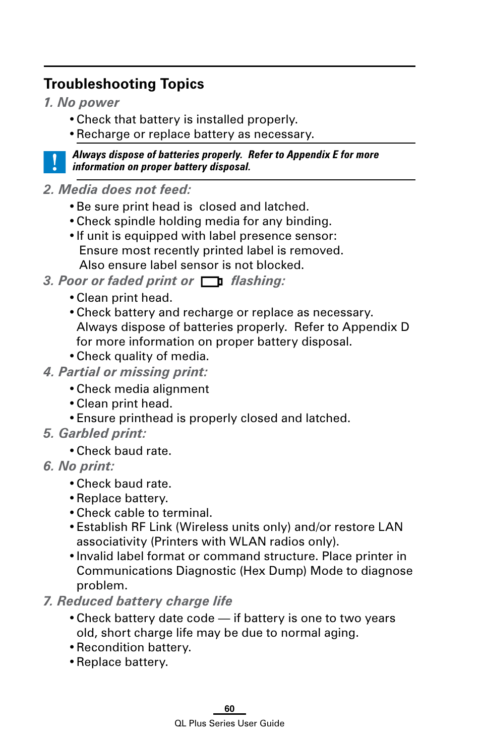 Troubleshooting topics | Zebra Technologies ZEBRA QL UMAN-QLP-001 User Manual | Page 60 / 86