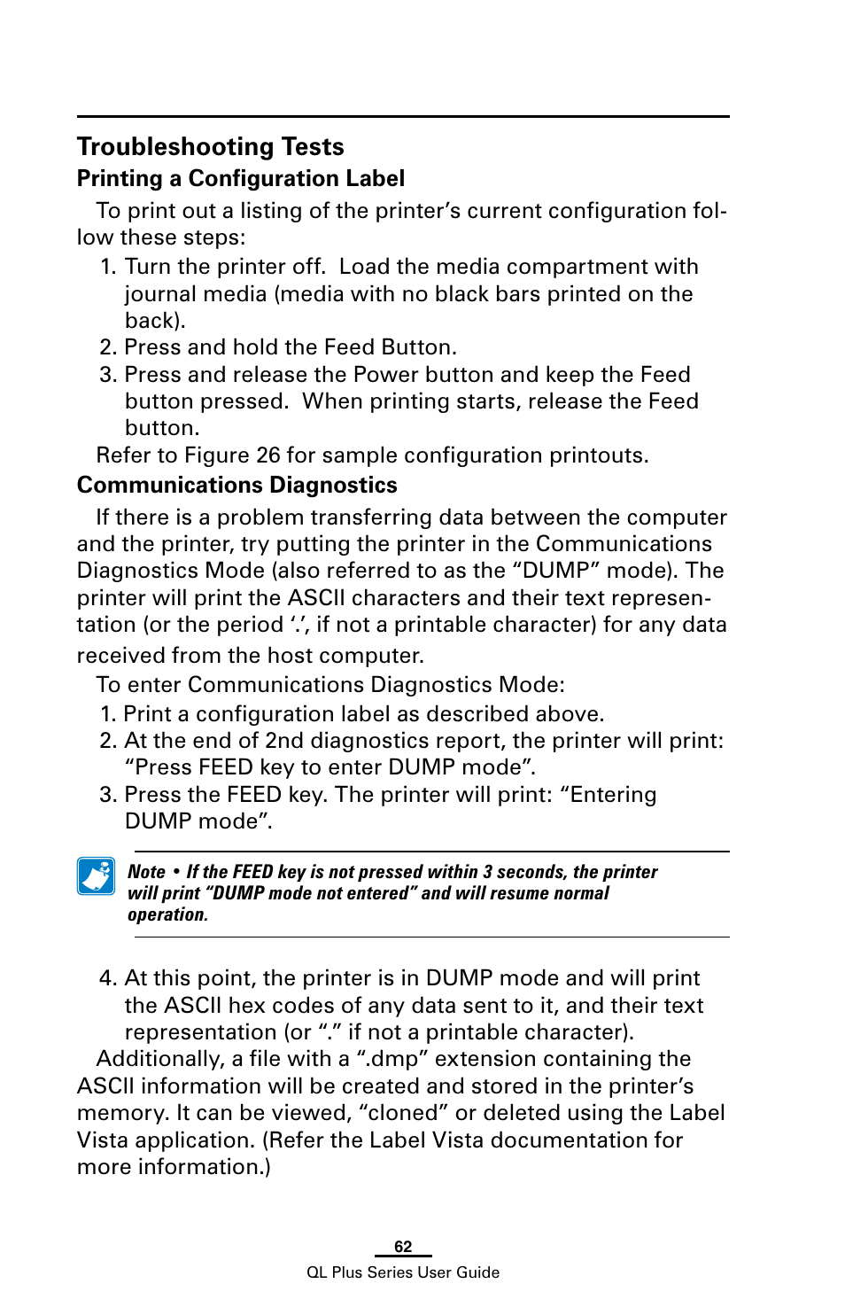 Troubleshooting tests, Printing a configuration label, Communications diagnostics | Zebra Technologies ZEBRA QL UMAN-QLP-001 User Manual | Page 62 / 86
