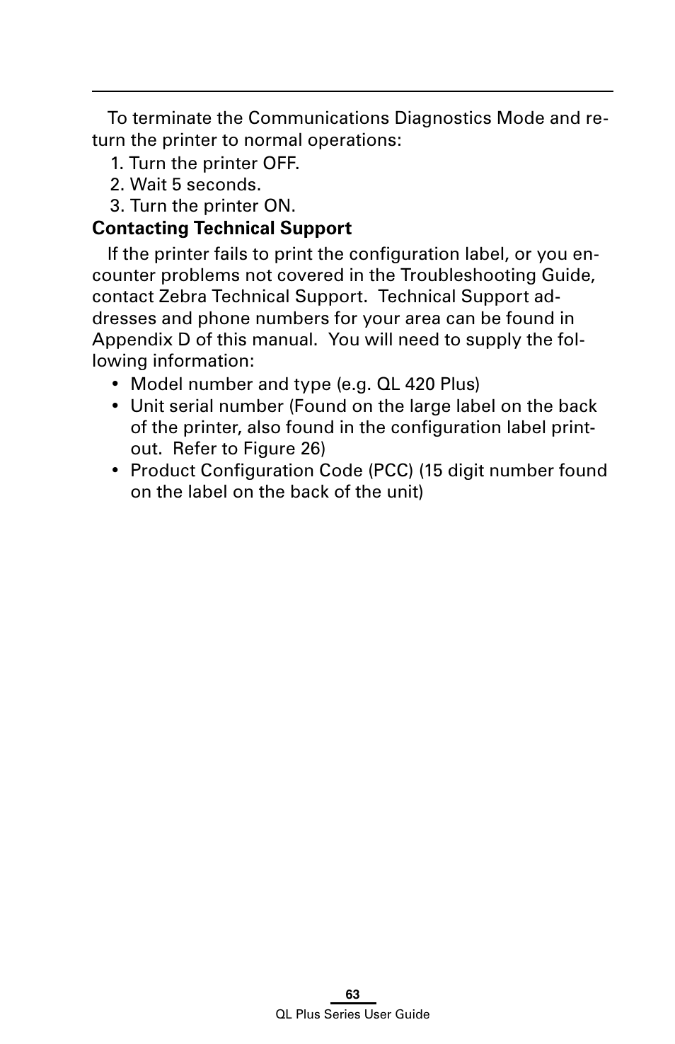 Contacting technical support | Zebra Technologies ZEBRA QL UMAN-QLP-001 User Manual | Page 63 / 86