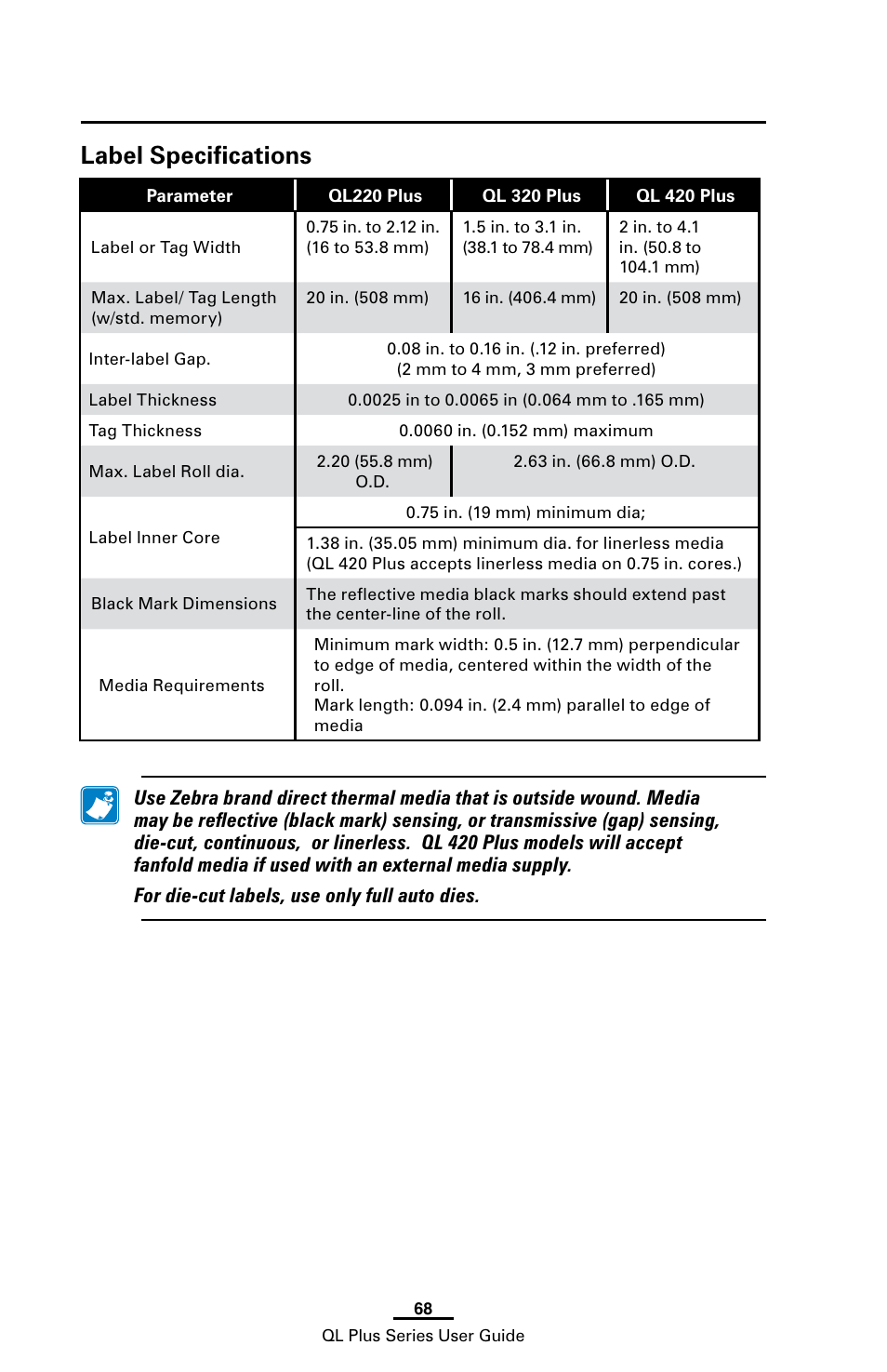 Label specifications | Zebra Technologies ZEBRA QL UMAN-QLP-001 User Manual | Page 68 / 86