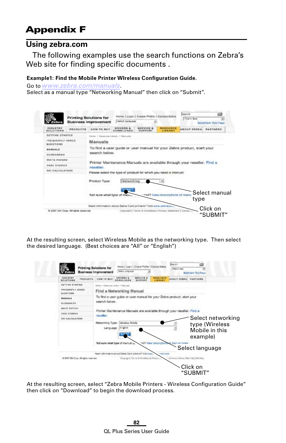 Appendix f using zebra.com, Appendix f, Using zebra.com | Zebra Technologies ZEBRA QL UMAN-QLP-001 User Manual | Page 82 / 86