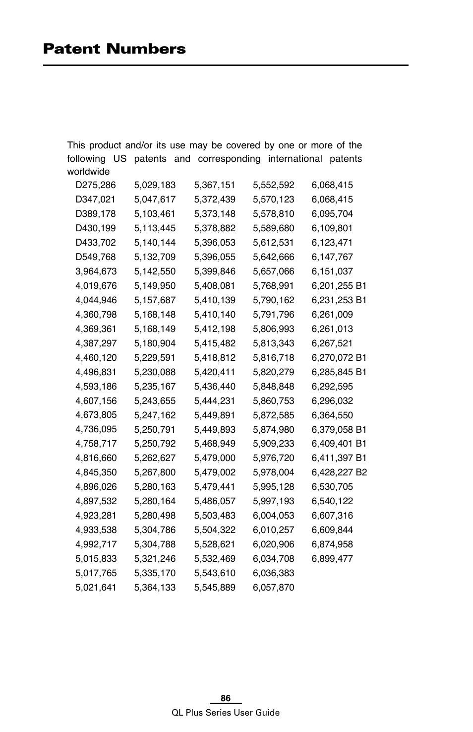 Patent numbers | Zebra Technologies ZEBRA QL UMAN-QLP-001 User Manual | Page 86 / 86