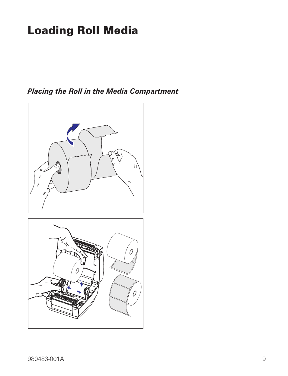 Loading roll media 9, Placing the roll in the media compartment 9, Loading roll media | Zebra Technologies LP 2844 User Manual | Page 17 / 54