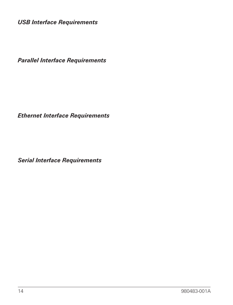 Usb interface requirements 14, Parallel interface requirements 14, Ethernet interface requirements 14 | Serial interface requirements 14 | Zebra Technologies LP 2844 User Manual | Page 22 / 54