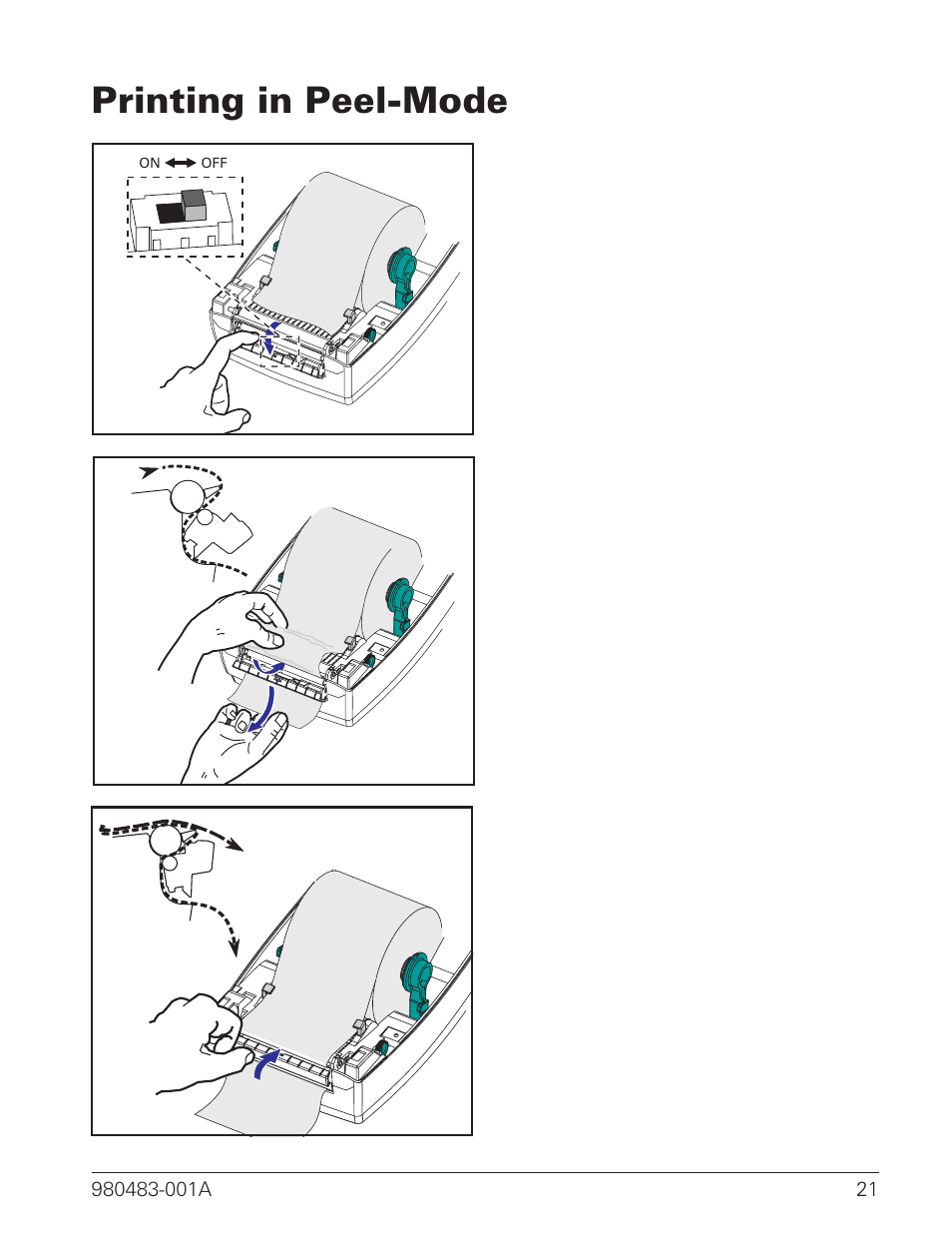 Printing in peel-mode 21, Printing in peel-mode | Zebra Technologies LP 2844 User Manual | Page 29 / 54