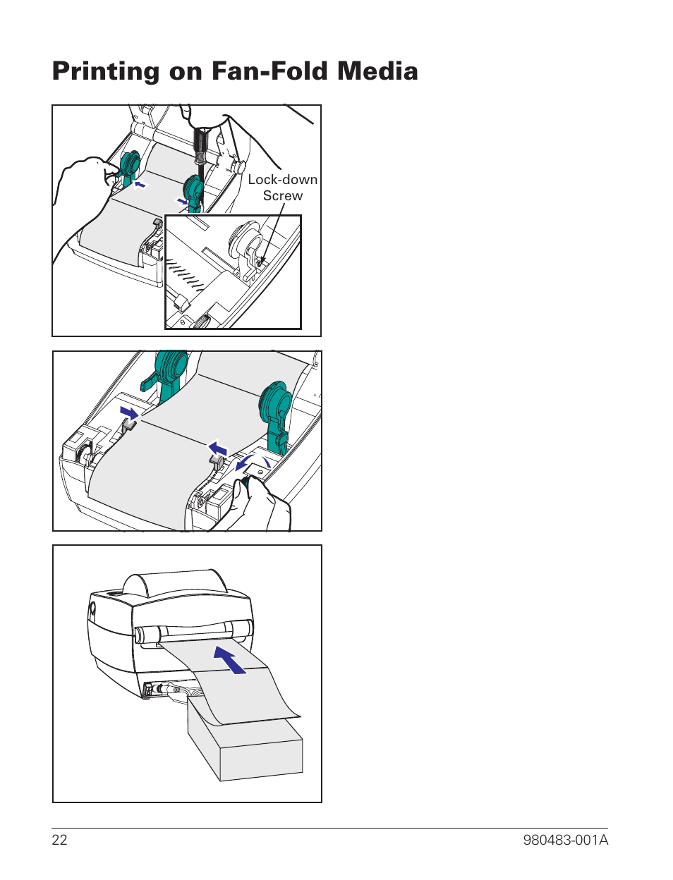 Printing on fan-fold media 22, Printing on fan-fold media | Zebra Technologies LP 2844 User Manual | Page 30 / 54