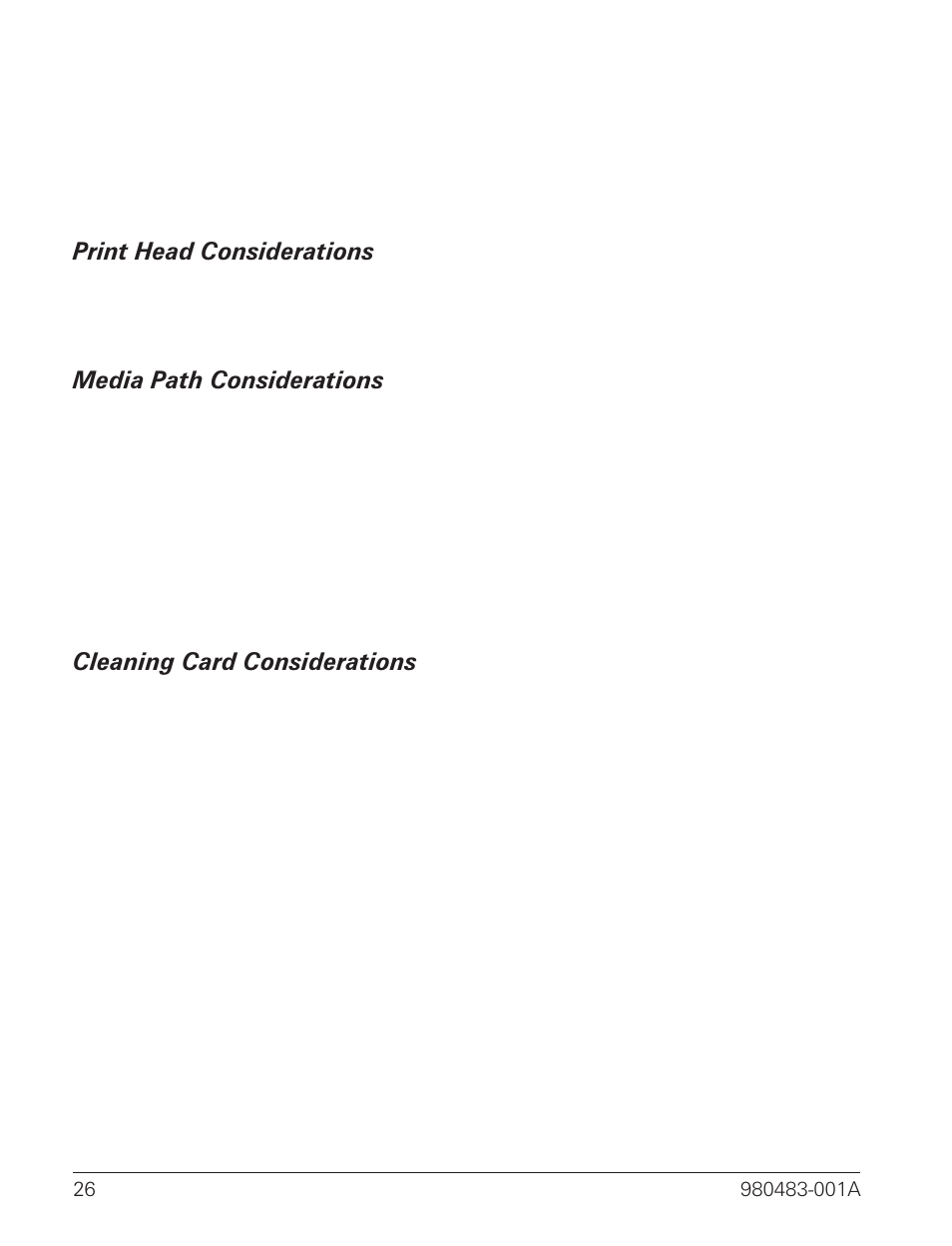 Print head considerations 26, Media path considerations 26, Cleaning card considerations 26 | Zebra Technologies LP 2844 User Manual | Page 34 / 54