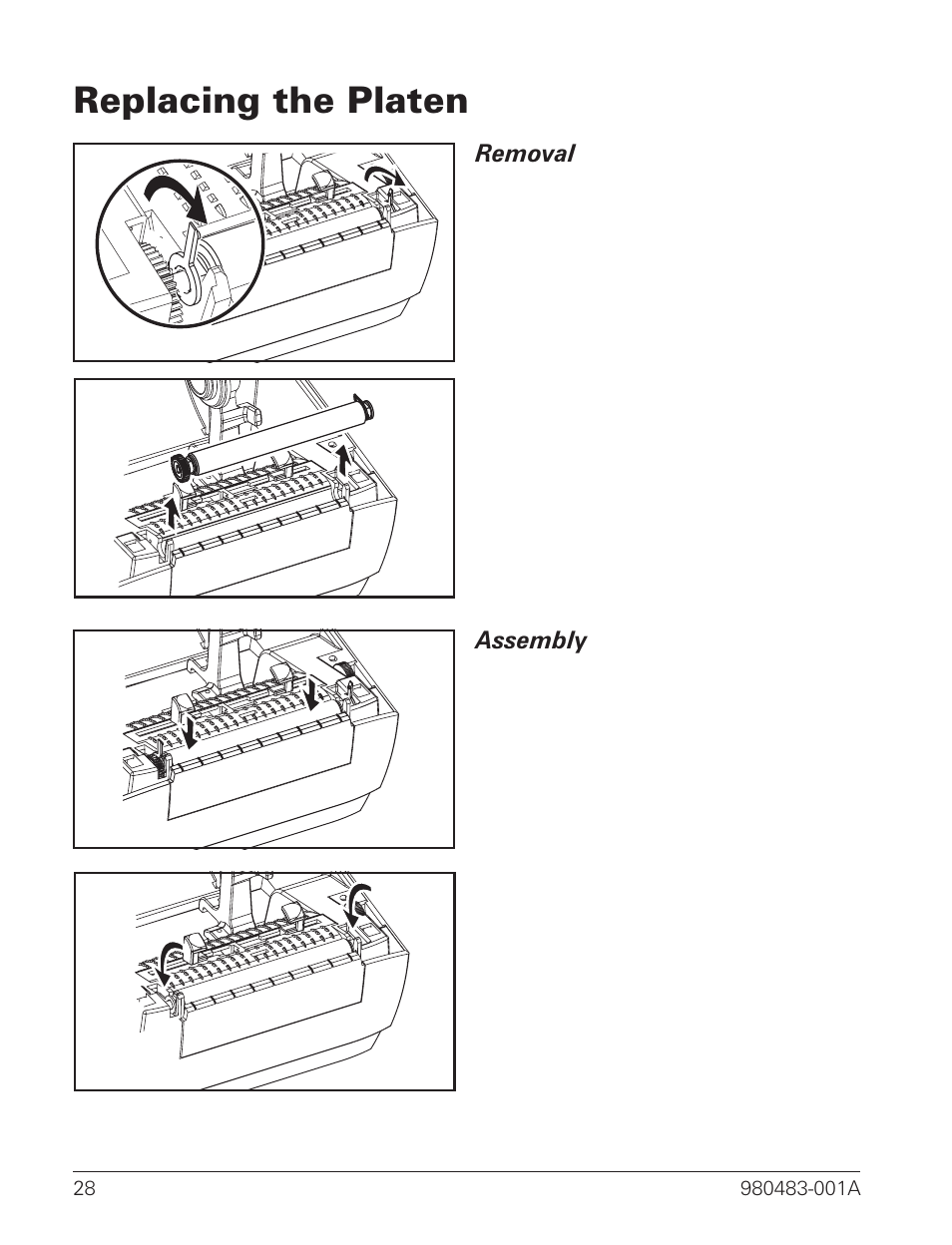 Replacing the platen 28, Replacing the platen | Zebra Technologies LP 2844 User Manual | Page 36 / 54