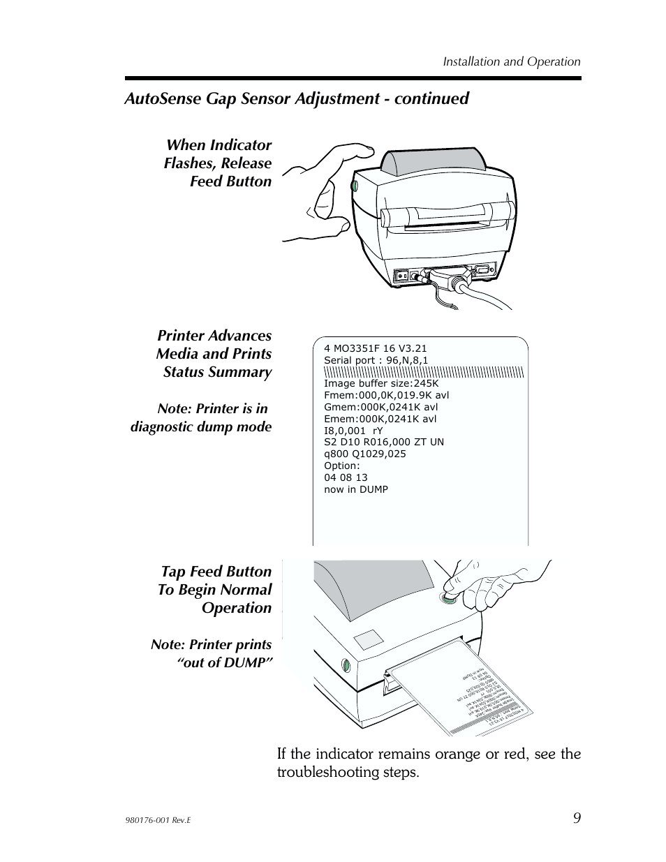 Autosense gap sensor adjustment - continued, Printer advances media and prints status summary, Tap feed button to begin normal operation | When indicator flashes, release feed button, Installation and operation | Zebra Technologies LP2443 User Manual | Page 15 / 24