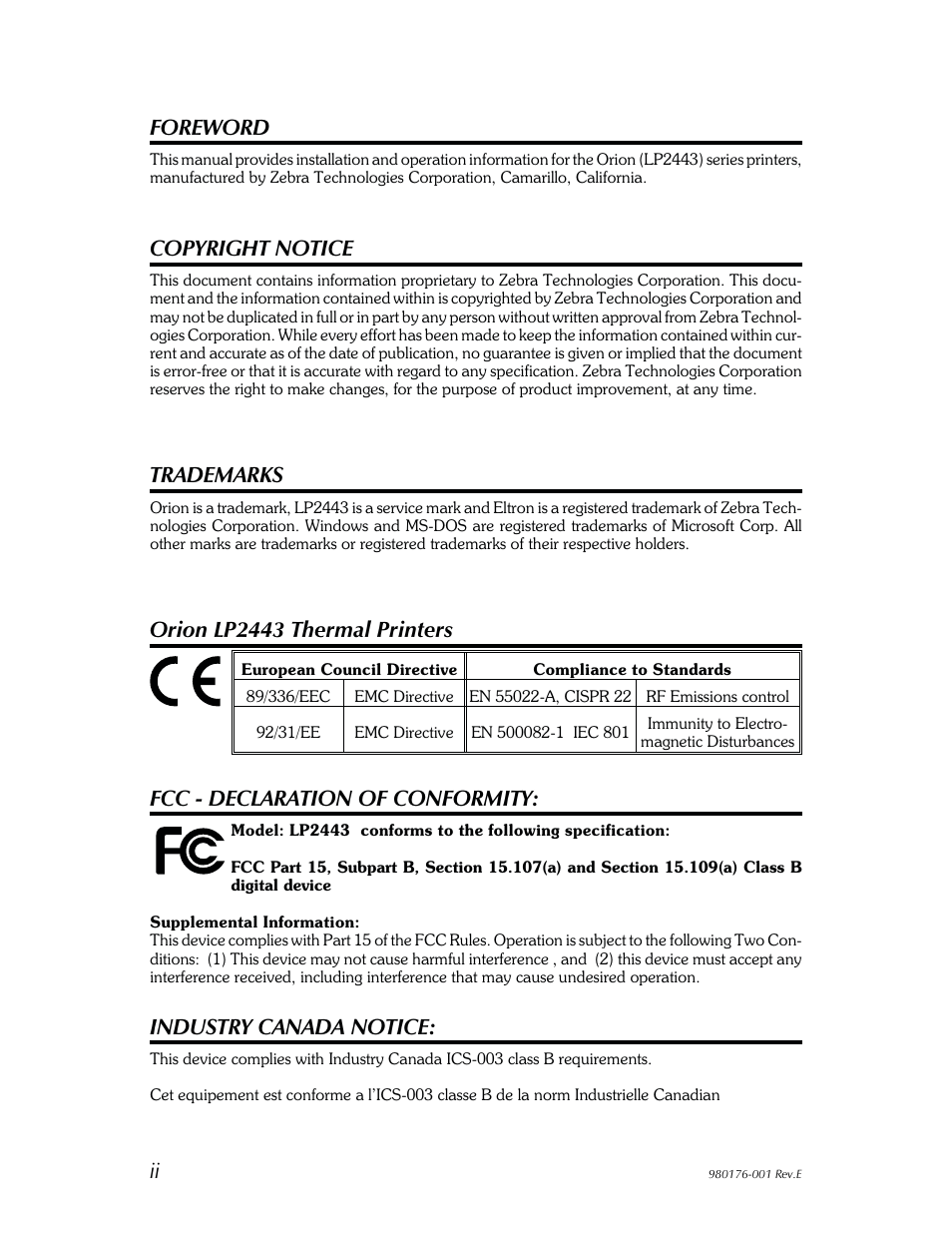 Foreword, Copyright notice, Trademarks | Orion lp2443 thermal printers, Fcc - declaration of conformity, Industry canada notice | Zebra Technologies LP2443 User Manual | Page 2 / 24