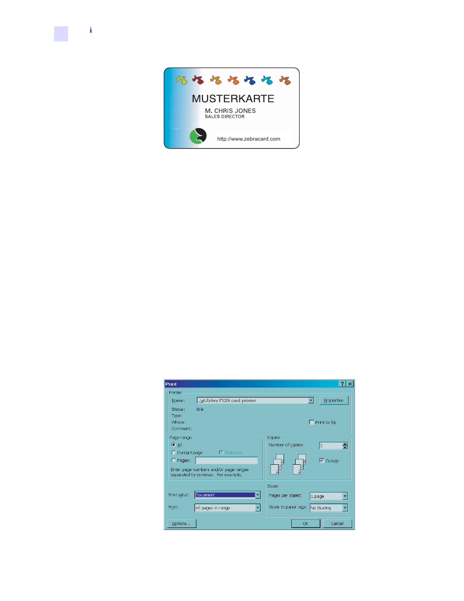 Printing a sample card | Zebra Technologies Zebra P120i User Manual | Page 56 / 78