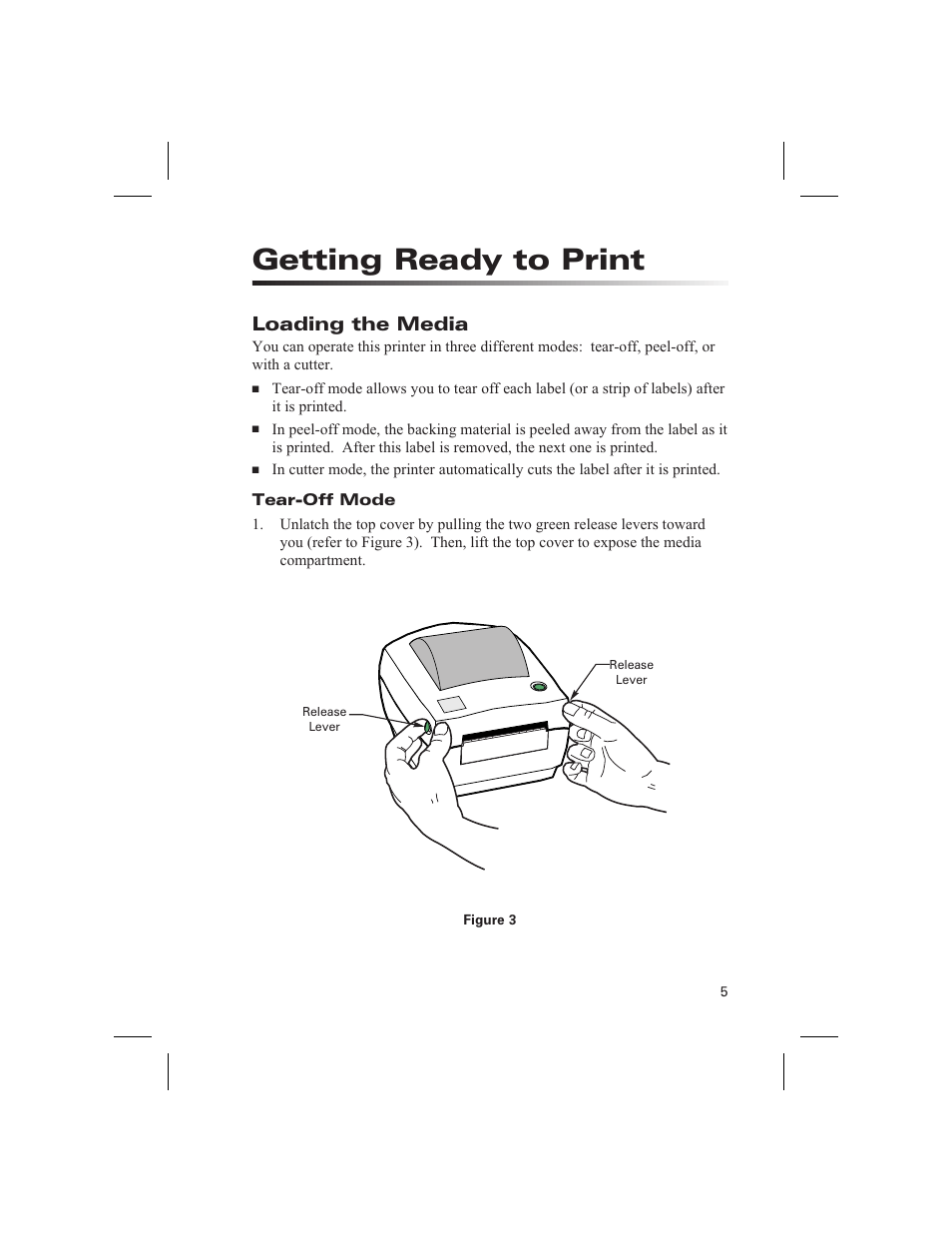 Getting ready to print, Loading the media, Tear-off mode | Zebra Technologies DA402 User Manual | Page 11 / 56