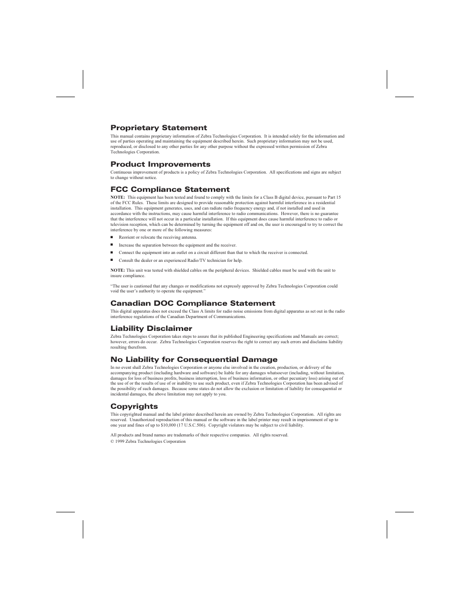 Proprietary statement, Product improvements, Fcc compliance statement | Canadian doc compliance statement, Liability disclaimer, No liability for consequential damage, Copyrights | Zebra Technologies DA402 User Manual | Page 2 / 56