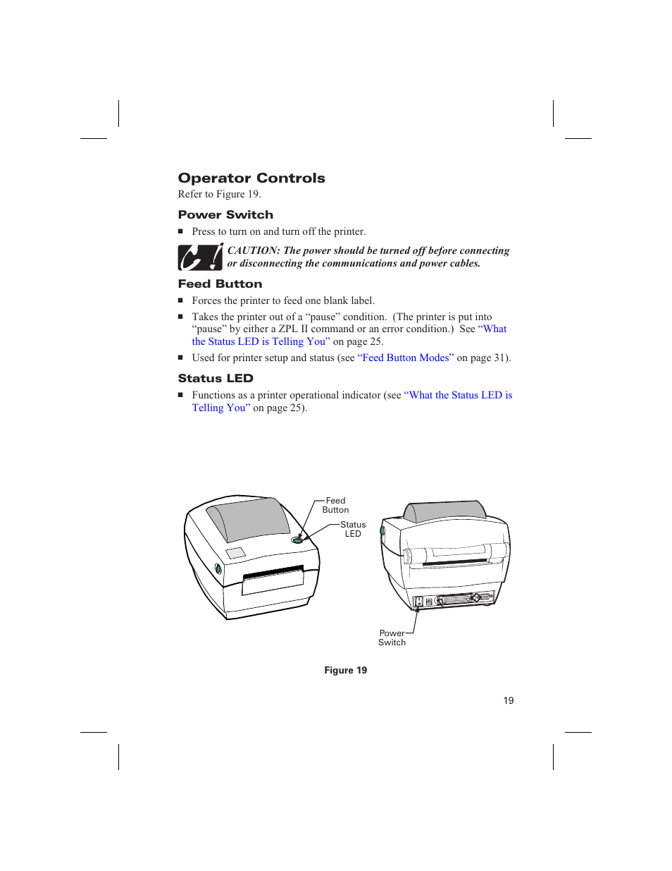 Operator controls, Power switch, Feed button | Status led | Zebra Technologies DA402 User Manual | Page 25 / 56