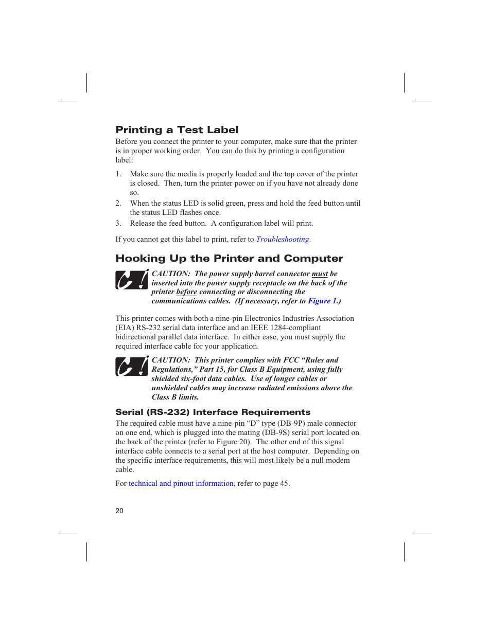 Printing a test label, Hooking up the printer and computer, Serial (rs-232) interface requirements | Zebra Technologies DA402 User Manual | Page 26 / 56