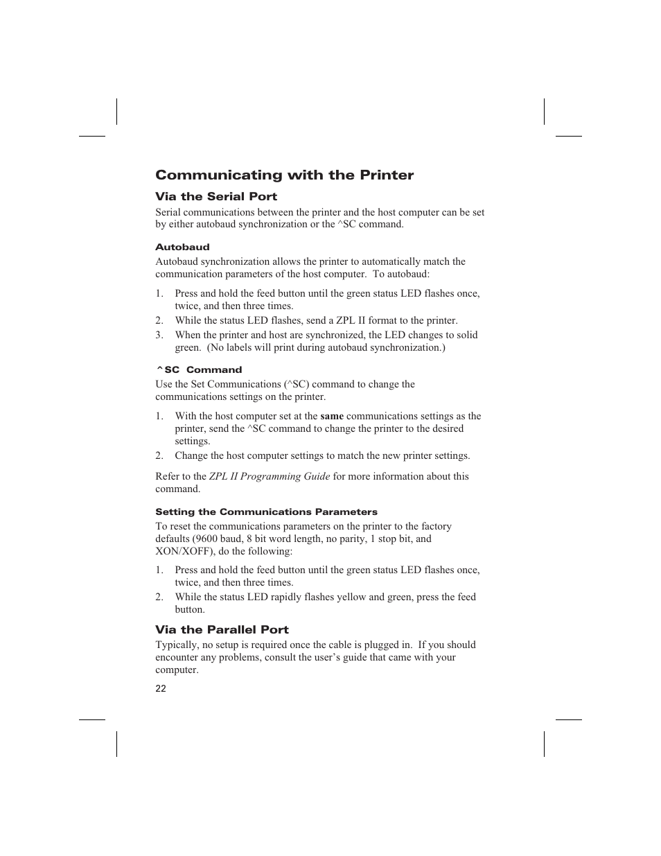 Communicating with the printer, Via the serial port, Via the parallel port | Zebra Technologies DA402 User Manual | Page 28 / 56