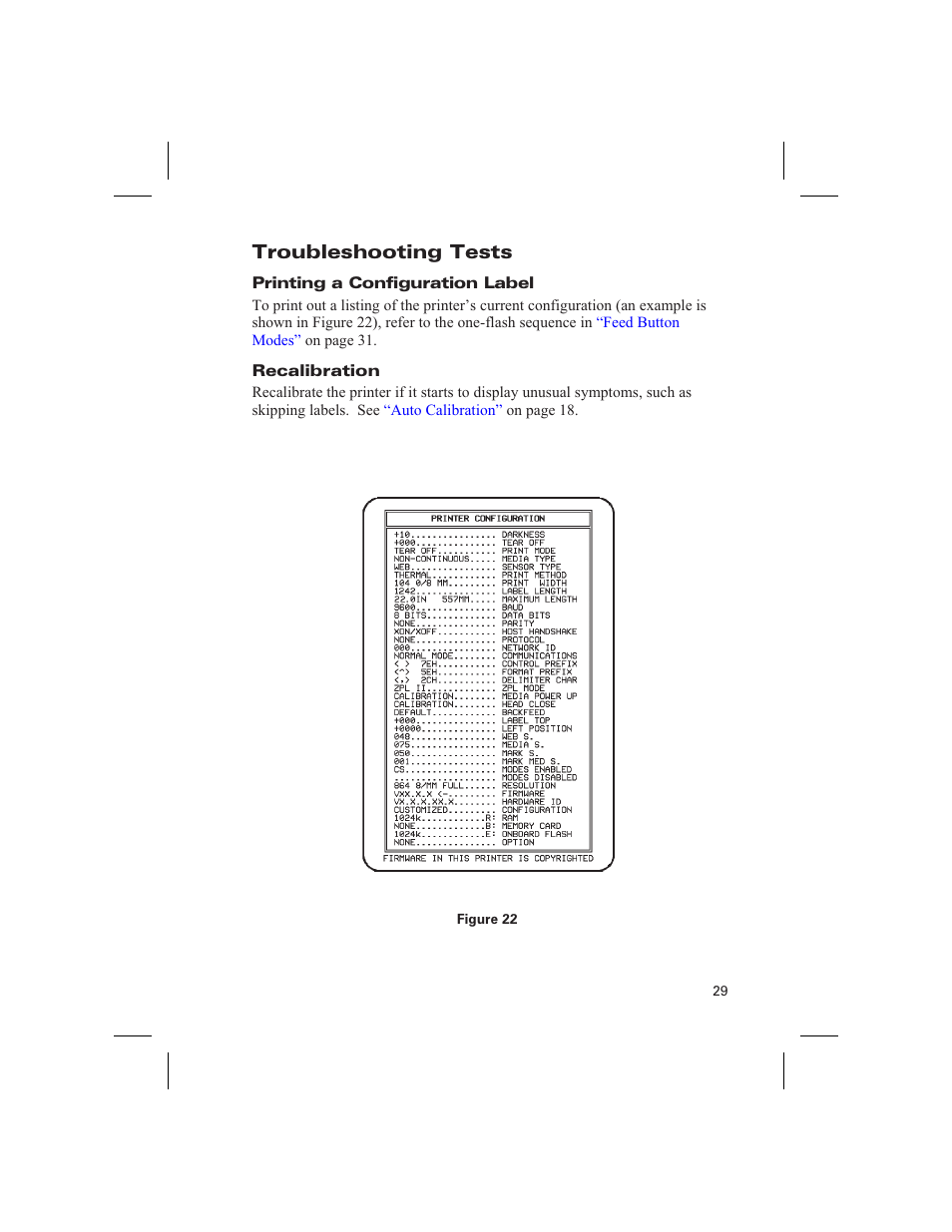 Troubleshooting tests, Printing a configuration label, Recalibration | Zebra Technologies DA402 User Manual | Page 35 / 56