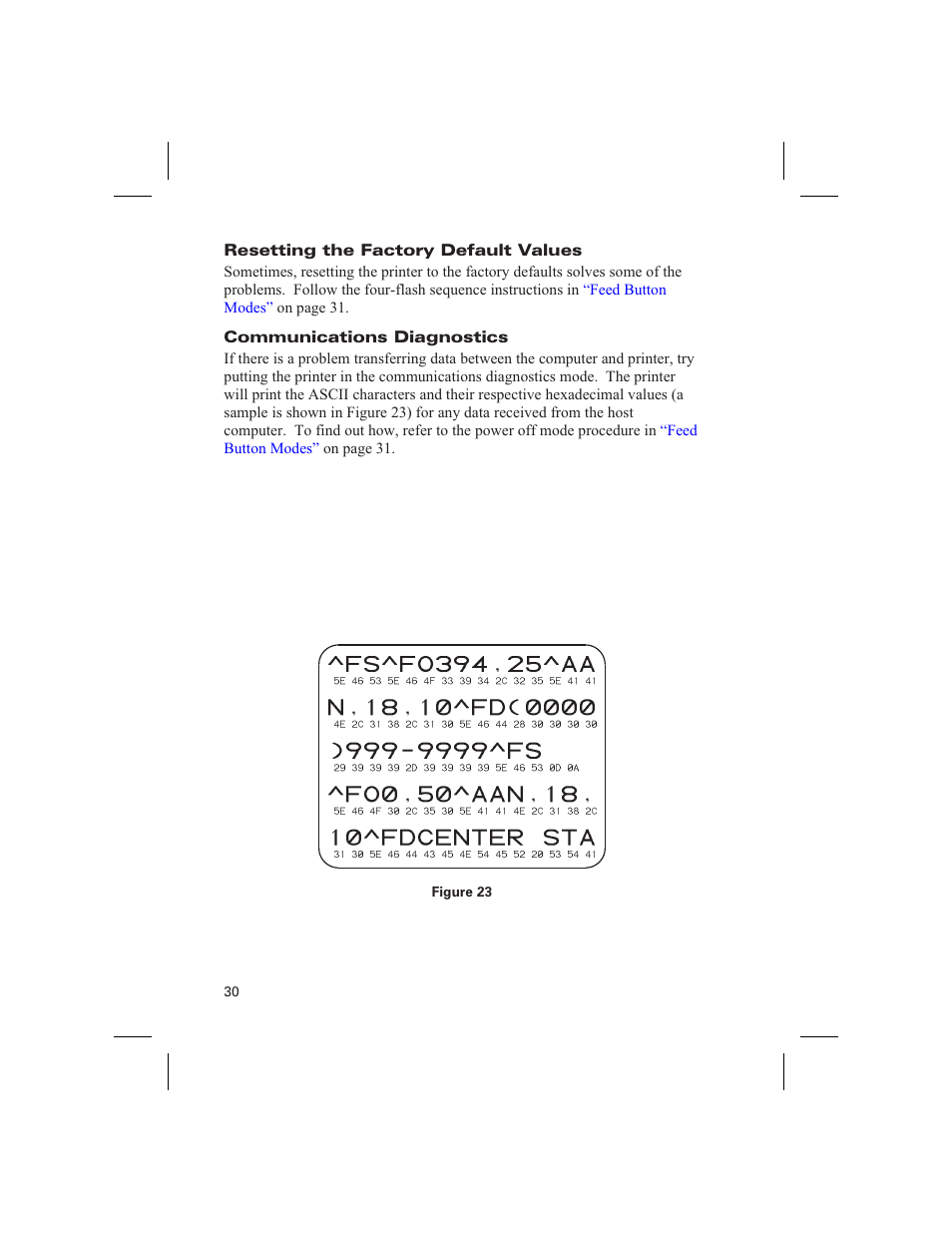 Resetting the factory default values, Communications diagnostics | Zebra Technologies DA402 User Manual | Page 36 / 56