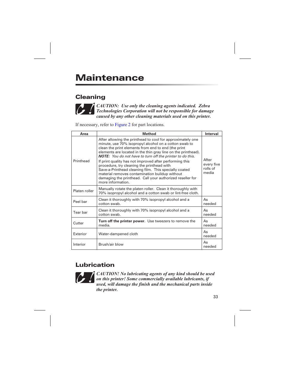 Maintenance, Cleaning, Lubrication | Clean the printhead | Zebra Technologies DA402 User Manual | Page 39 / 56