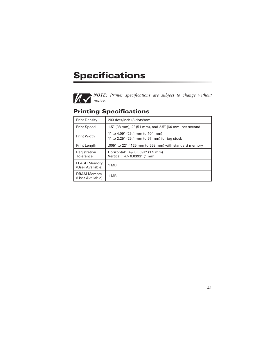 Specifications, Printing, Printing specifications | Zebra Technologies DA402 User Manual | Page 47 / 56