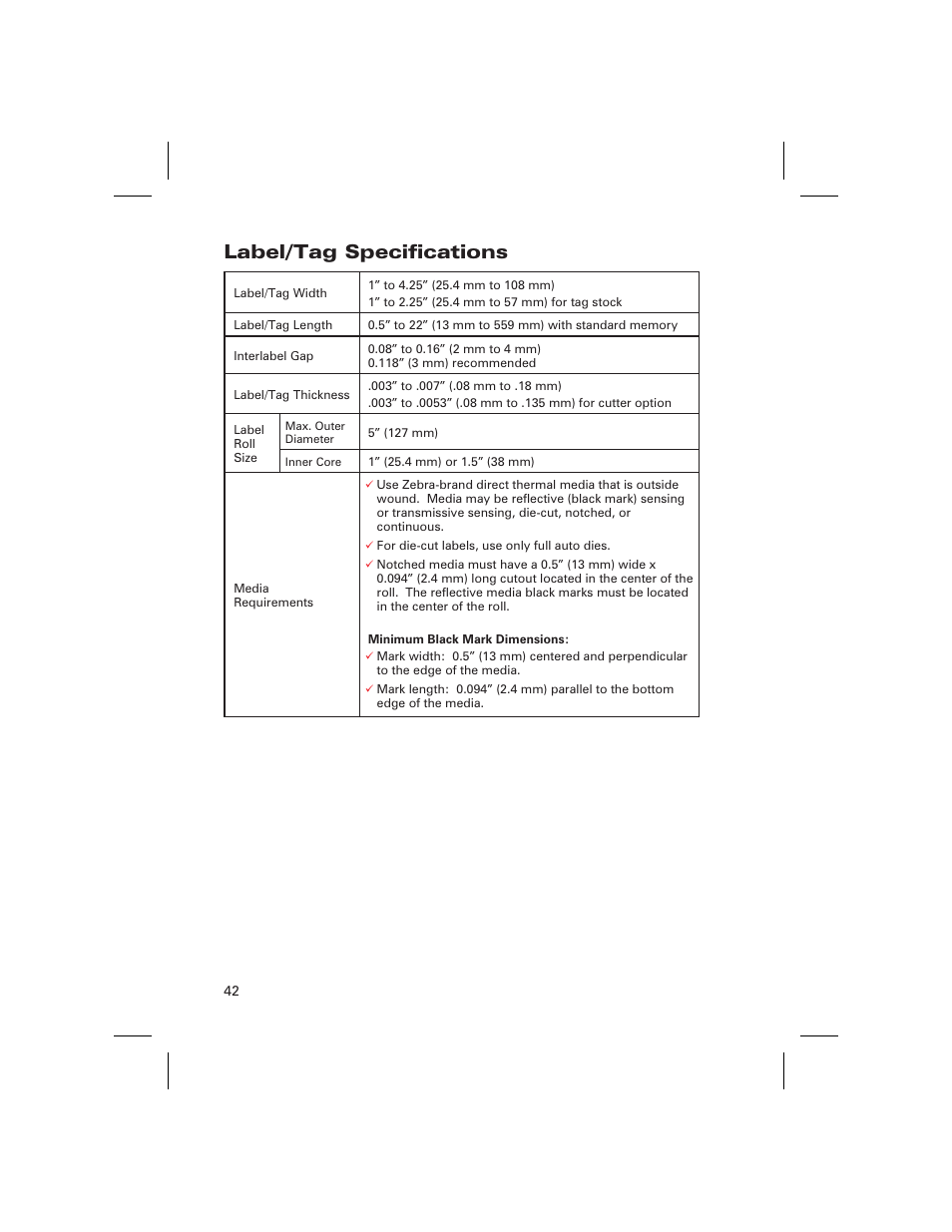 Label/tag, Label/tag specifications | Zebra Technologies DA402 User Manual | Page 48 / 56